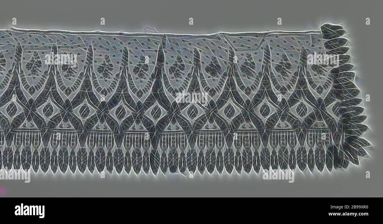 Noir avec bande latérale de la machine en forme de diamant noir de la bande de cartouches, côté machine : machine Chantilly côté. Le motif répétitif et presque symétriques est constitué d'une succession de cartouches en forme de diamant juste au-dessous de la ligne centrale de la bande. Chaque diamant est couronnée par une étroite, en forme de ressort sur la feuille c-volutes se détourna de l'autre. Entre les fenêtres se bloque une feuille avec une guirlande de fleurs et d'une rosette rose lâche au-dessus de la direction générale et de pochettes. Au bas court derrière les fenêtres le long d'une voie horizontale droite. Trois demi-ovales allongées avec des points dans le pendre entre les acquisitions successives de wi Banque D'Images