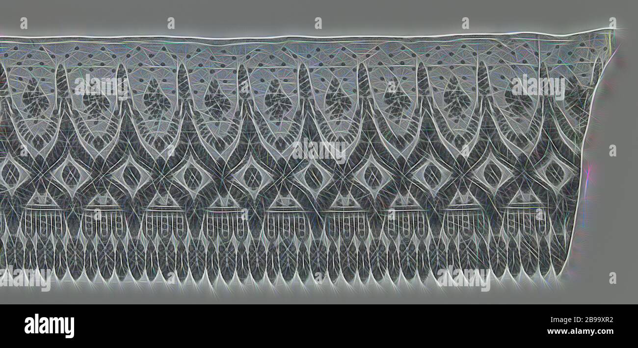 Noir avec bande latérale de la machine en forme de diamant noir de la bande de cartouches, côté machine : machine Chantilly côté. Le motif répétitif et presque symétriques est constitué d'une succession de cartouches en forme de diamant juste au-dessous de la ligne centrale de la bande. Chaque diamant est couronnée par une étroite, en forme de ressort sur la feuille c-volutes se détourna de l'autre. Entre les fenêtres se bloque une feuille avec une guirlande de fleurs et d'une rosette rose lâche au-dessus de la direction générale et de pochettes. Au bas court derrière les fenêtres le long d'une voie horizontale droite. Trois demi-ovales allongées avec des points dans le pendre entre les acquisitions successives de wi Banque D'Images