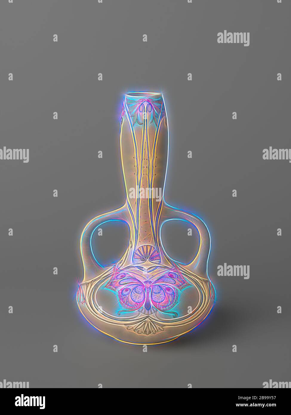 Vase en poterie, peint avec des motifs papillon, des palmettes, etc., corps sphérique aplati avec un long cou et deux oreilles. Peint en bleu, jaune, vert et orange avec des motifs papillon, des palmettes etc. Sur sol mat jaunâtre., plateaux-bakkerij Arnhem, Arnhem, c. 1910 - c. 1915, faïence, h 29.0 cm × d 16.7 cm, réimaginé par Gibon, design chaleureux et gai lumineux, rayonnant de lumière et de lumière rayonnante. L'art classique réinventé avec une touche moderne. Photographie inspirée par le futurisme, embrassant l'énergie dynamique de la technologie moderne, le mouvement, la vitesse et révolutionnez la culture. Banque D'Images Vase en poterie, peint avec des motifs papillon, des palmettes, etc., corps sphérique aplati avec un long cou et deux oreilles. Peint en bleu, jaune, vert et orange avec des motifs papillon, des palmettes etc. Sur sol mat jaunâtre., plateaux-bakkerij Arnhem, Arnhem, c. 1910 - c. 1915, faïence, h 29.0 cm × d 16.7 cm, réimaginé par Gibon, design chaleureux et gai lumineux, rayonnant de lumière et de lumière rayonnante. L'art classique réinventé avec une touche moderne. Photographie inspirée par le futurisme, embrassant l'énergie dynamique de la technologie moderne, le mouvement, la vitesse et révolutionnez la culture. Banque D'Images