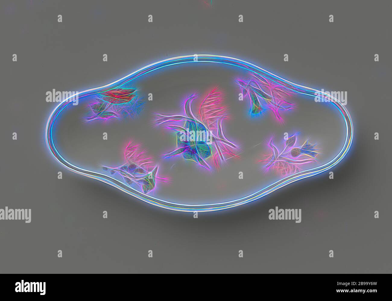 Plat aux multiples sprays floraux, plat ovale en porcelaine à trois lobes, décoré sur le glaçage avec du bleu, rouge, rose, vert, jaune, violet et or. Sur le devant différentes branches de fleurs et une ligne dorée sur le bord intérieur., anonyme, France, c. 1850, porcelaine (matériau), glaçure, or (métal), vitrification, h 1.8 cm l 11.8 cm × d 6 cm l 7.7 cm × d 3.5 cm, repensé par Gibon, conception de lumière chaude et gaie, rayonnant de lumière et de radiance de lumière. L'art classique réinventé avec une touche moderne. Photographie inspirée par le futurisme, embrassant l'énergie dynamique de la technologie moderne, le mouvement, la vitesse et r Banque D'Images