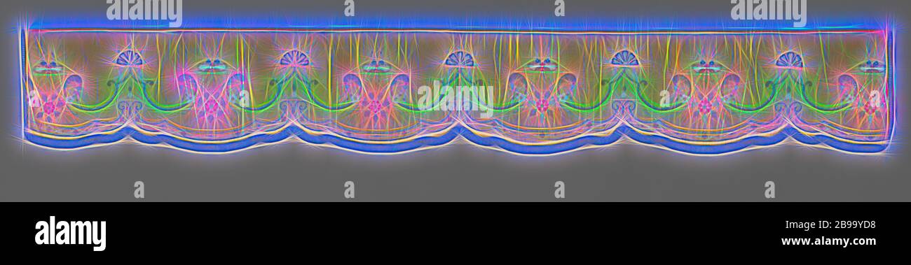 Lambrekijn, partie d'un ensemble de lits, de soie jaune, brodée de fleurs et de papillons en soie multicolore et bordée de lingots bleus, lambrekijn de soie jaune d'un ensemble de lits brodés de fleurs et de papillons en soie multicolore, bordé et décoré de lingots bleus, doublé de linge grossier et de soie jaune. Destiné au côté gauche du lit, à l'intérieur., anonyme, Kanton (éventuellement), c. 1720 - c. 1740, soie, lin (matériau), broderie, h 27 cm × l 188 cm, repensé par Gibon, conception de lumière chaleureuse et gaie, rayonnant de lumière et de radiance. L'art classique réinventé avec un Banque D'Images