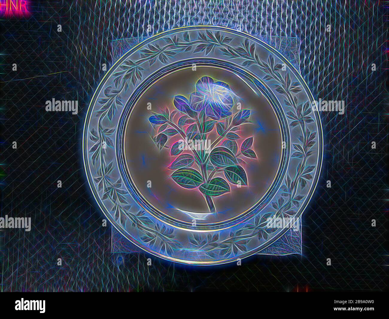 La plaque avec une fleur de pulvérisation, assiette de porcelaine, peint sur la glaçure en vert, jaune, violet, marron, noir et or. Sur l'étagère une fleur branche sur un fond de couleur saumon. Le mur avec une étroite bande décorative et sur le bord d'une feuille en continu avec des lignes d'or de la vrille. Sur le dessous l'inscription 'Rhexia muricata / Popaijan. Inscrite sur le fond avec le sceptre, l'aigle rouge, un sceptre et un globe dans ses griffes, avec K.P.M. et le nombre 32 III., Königliche Porzellan Manufaktur, Berlin, c. 1825 - c. 1835, Porcelaine, glaçure (matériel), de l'or (métal), la vitrification, H 3,3 cm d 24,6 cm Banque D'Images