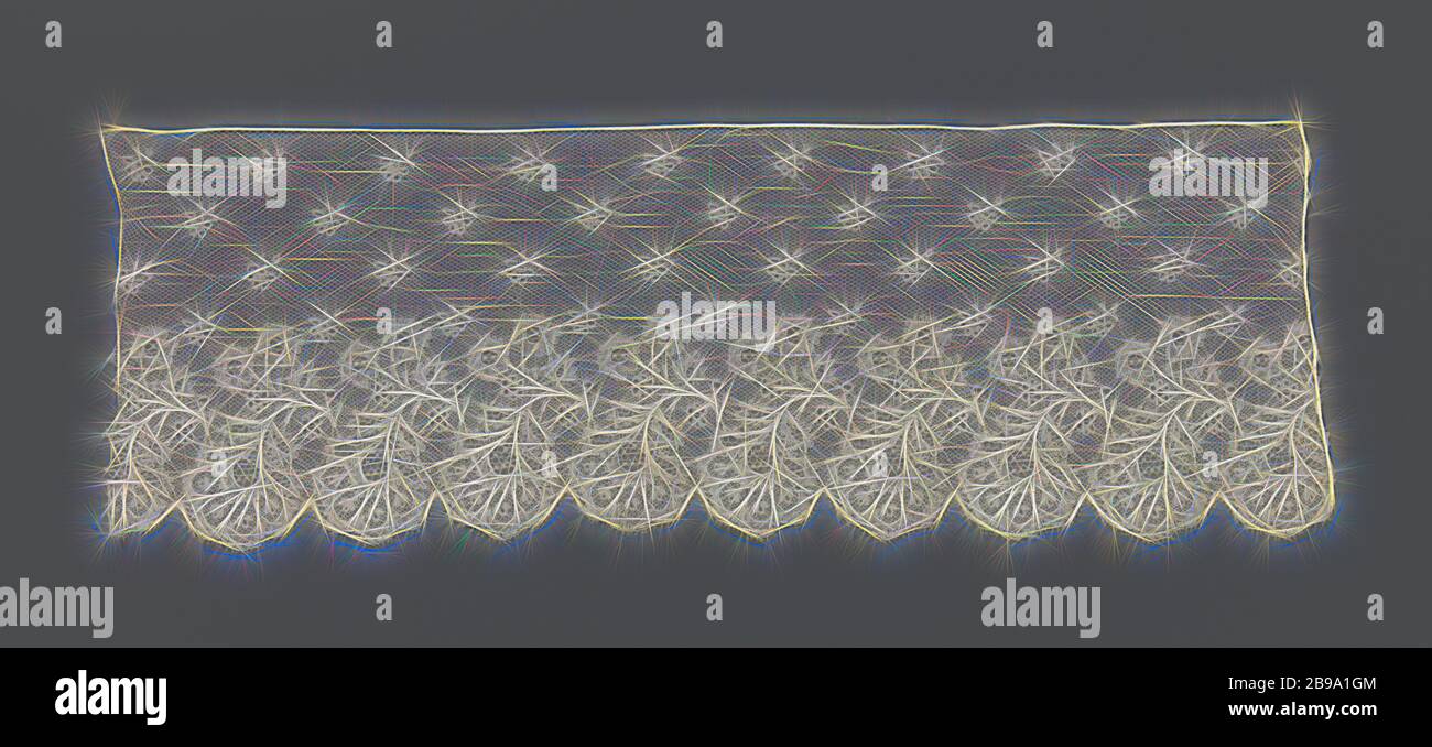 Bande de dentelle avec des fleurs suspendues au bord du pétoncle, Bande de couleur naturelle : La dentelle Dentelle de Malines. Ci-dessous un éparpillement des fleurs est une ligne d'une des branches de fleurs recto verso, avec cinq petites fleurs et d'une grande fleur sur elle. Le plus grand blocage fleurs vers le bas et former le bord du shell le long de la partie inférieure de la bande. Les motifs sont reliés par un treillis, une masse au sol. Mechelen Les dessins sont réalisés en lin et contour plus épais fils sont enroulés autour des dessins et modèles. Deux types de motifs décoratifs ont été utilisés et les décorations en forme carrée. Le haut et un côté sont finis avec un straig Banque D'Images