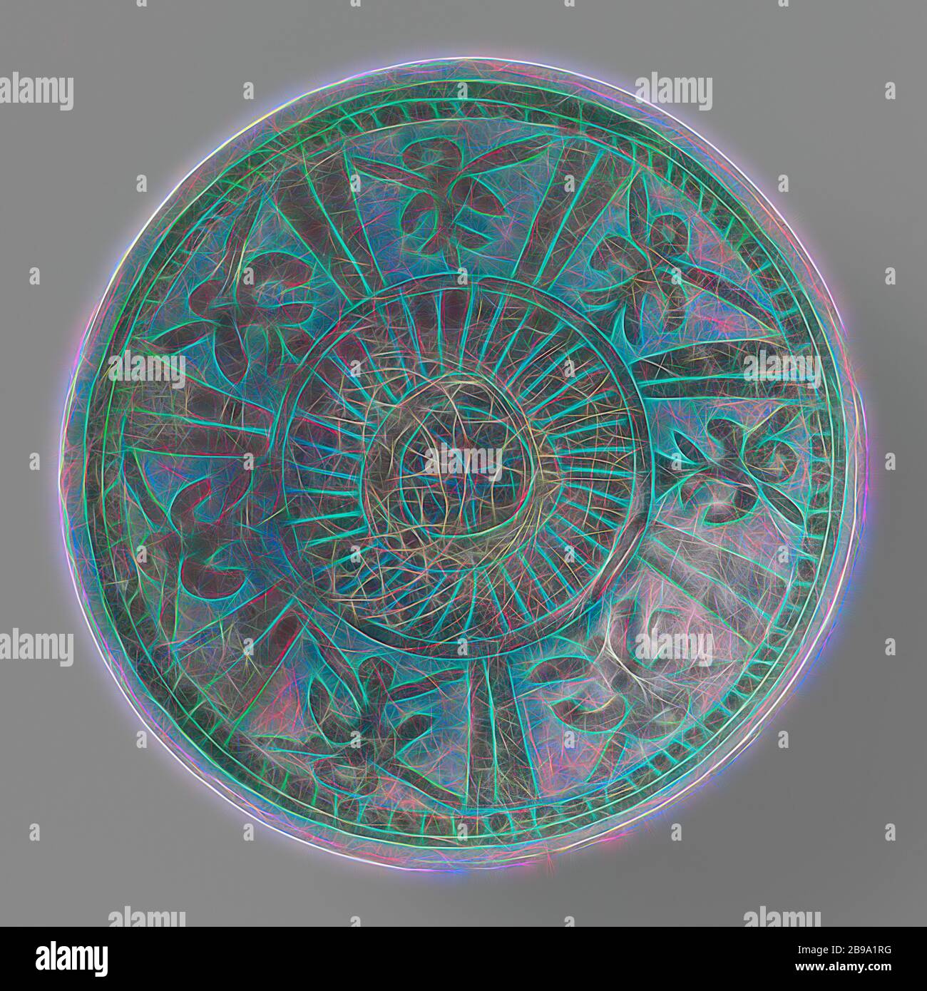 Soucoupe-plat avec des bordures ornementales et une décoration de panneau, bol de fritterie de quartz recouvert d'engobe de boue noire dont la décoration est découpée en 'Silofild' sous un vernis alcalin turquoise monochrome. Un cercle avec un motif à rayures est illustré sur la partie inférieure. Au-dessus de cette frise avec des motifs debout, rappelant un motif aigle. Une frontière à damiers a été ajoutée au-dessus de cela., anonyme, Iran, c. 1175 - c. 1199, faïence, glaçure, vitrification, h 7.5 cm d 22.7 cm d 9.2 cm, repensé par Gibon, design chaleureux et joyeux, brillant de la luminosité et de rayons de lumière radiance. L'art classique revisité Banque D'Images
