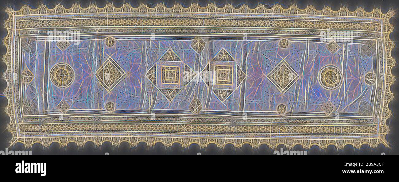 Chemin de table avec monogramme 'AL' ou 'LA', chemin de table blanc avec broderie sur batist avec inserts de dentelle et filet à aiguille, parés avec inserts et un bord cannelé dans la dentelle. Sur les petits côtés deux fois le monogramme 'AL' ou 'LA'-aiguille dans les côtés. Cela indique que le coureur a été faite à l'occasion du mariage d'Anna, Leyds-Carstens ou peu après. 19 Par paquets empaquetés d filletwork et l'aiguille de la dentelle, dont l'un est accompagné d'un morceau de texte chinois., anonyme, Italie, c. 1910 - c. 1914, , (matériau), le coton (textile), batiste, la dentelle, l 182,0 cm × Banque D'Images