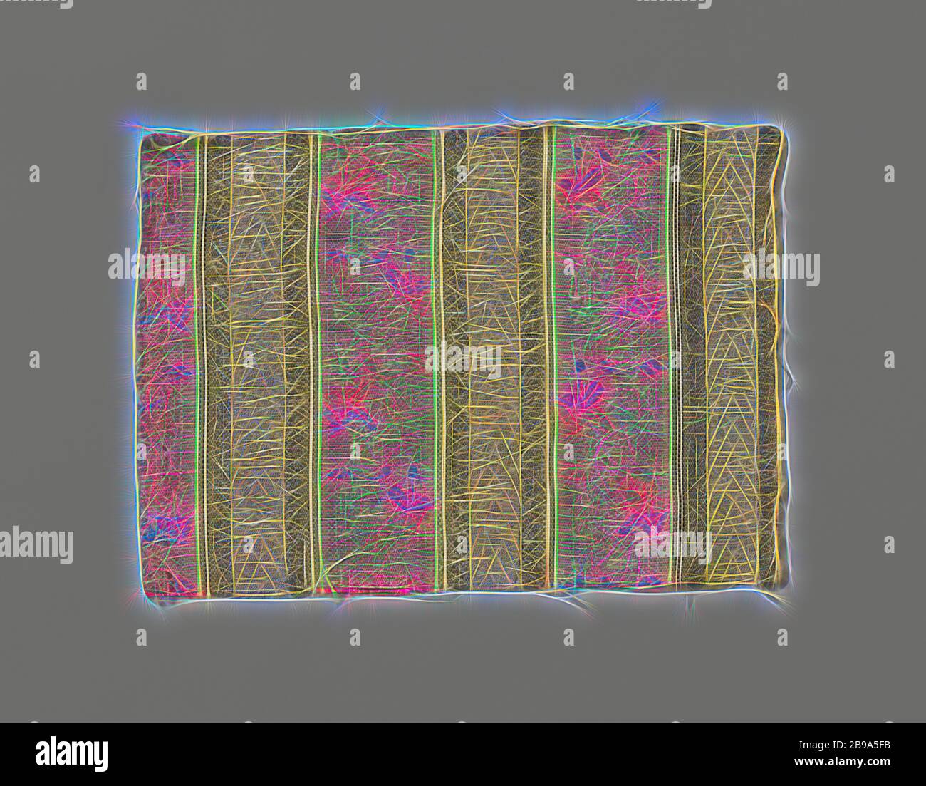 Fragment de tissu oriental, avec un motif à rayures. Bandes rouges remplies d'un tentril à feuilles tortueuses avec des fleurs en bleu, vert et argent alternent avec une bande rayée verte et jaune avec un ornement géométrique de couleur argentée., Inde, c. 1800 - c. 1850, coton (textile), soie, h 11.7 cm × l 16.2 cm, repensé par Gibon, design chaleureux et gai lumineux de la luminosité et des rayons de lumière radiance. L'art classique réinventé avec une touche moderne. Photographie inspirée par le futurisme, embrassant l'énergie dynamique de la technologie moderne, le mouvement, la vitesse et révolutionnez la culture. Banque D'Images