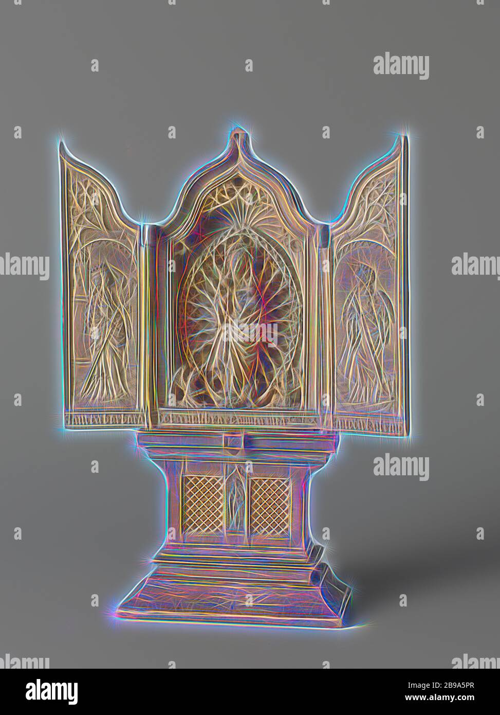 Autel Miniature triptyque House ou autel autel de voyage avec Marie avec  enfant, flanquée de Sainte Barbara et Catherine, Chambre autel ou billet  d'autel en bois de palmier avec des représentations sculptées.
