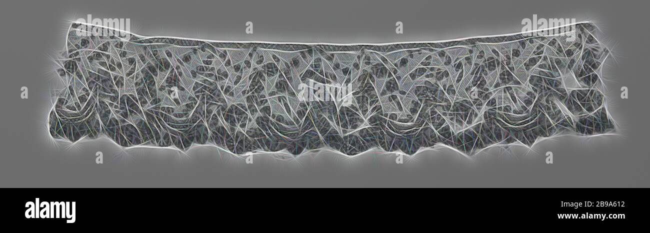 Bande de dentelle noire de bobine avec des volutes en c cassées, bande de dentelle noire de bobine : dentelle Chantilly. Un modèle de course montre des voltes-c fracken alternant avec un pétoncle de feuille et une branche de fleur suspendue, une branche latérale avec quatre roses formant l'autre pétoncle., anonyme, Belgique, c. 1850, soie, dentelle bobinée, l 40 cm × l 8 cm ×, 8.5 cm, revisitée par Gibon, design chaleureux et joyeux, brillant de la luminosité et de rayons de lumière radiance. L'art classique réinventé avec une touche moderne. Photographie inspirée par le futurisme, embrassant l'énergie dynamique de la technologie moderne, le mouvement, la vitesse et révolutionnez la culture. Banque D'Images