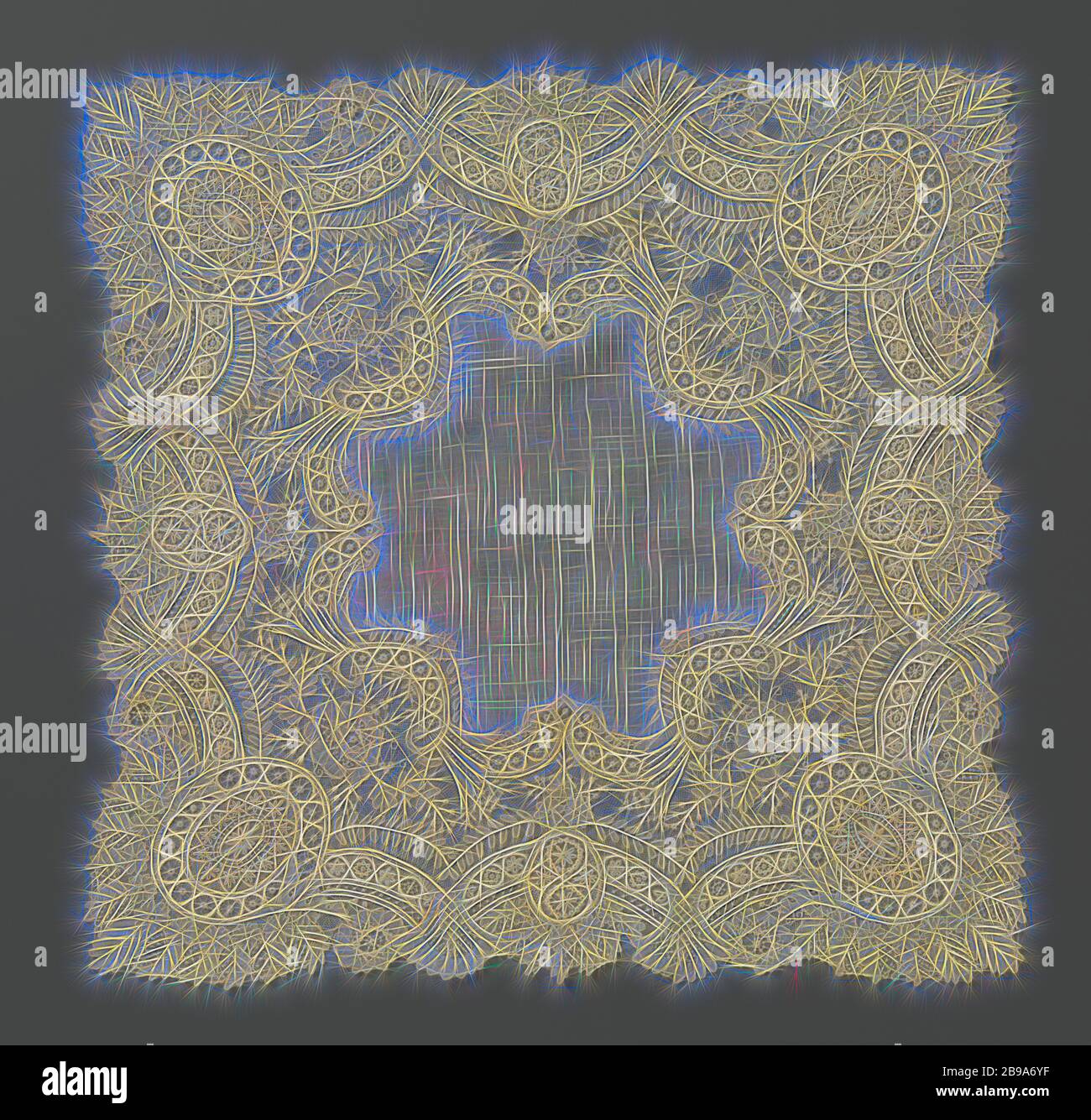Avec un mouchoir en dentelle aiguille de frontière avec quatre grands et quatre petits ovales, mouchoir, avec une bordure de dentelle aiguille de couleur naturel, dentelle de gaze Bruxelles. Autour d'un centre en forme de croix, batiste est un large liseré de dentelle pétoncles creux, qui sont coupées par quatre grandes corner d'ovales, entrecoupées de quatre plus petites. Les pétoncles sont composés d'un "rail", d'une jante et d'un rameau de feuilles. L'spiers sont couronnés par une palette de feuilles. Les ovales remplis d'astérisques et les roues sont fermées par un bord cannelé, qui se compose de marguerites, parmi qui laisse pendre. Convexe et creux c-volutes forment l'i Banque D'Images