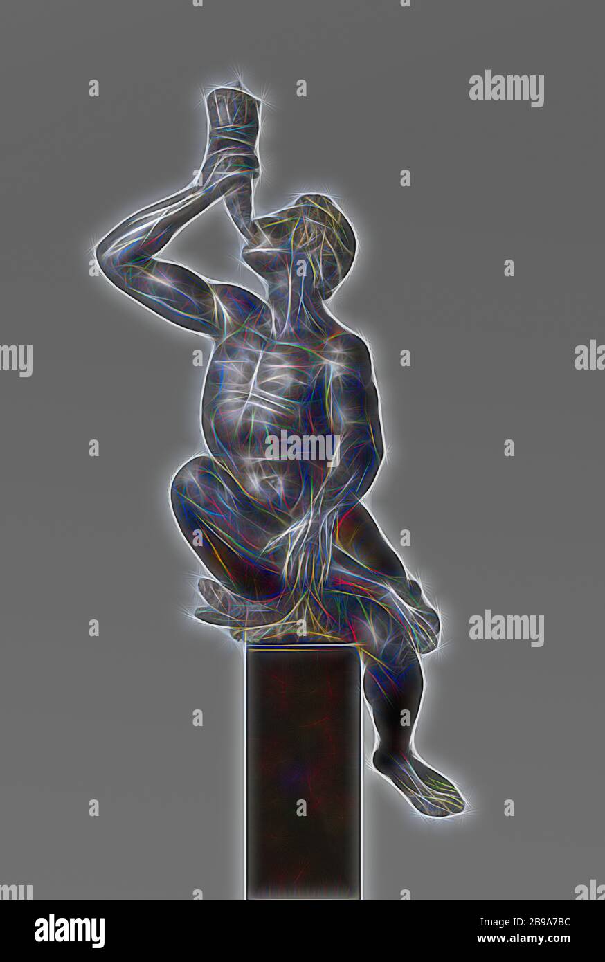 Triton soufflant d'une coquille de Conch Triton, soufflant sur une coquille, Triton, assis, avec la jambe droite traversée sur la jambe gauche et soufflant sur une coquille., Adriaen de Vries, Praag, c. 1615 - c. 1618, bronze (métal), h 157 cm × h 225 cm × l 88 cm × d 80 cm l 55.8 cm × d 56 cm, repensé par Gibon, design de lumière chaude et gaie, rayonnant de luminosité et de rayons de lumière. L'art classique réinventé avec une touche moderne. Photographie inspirée par le futurisme, embrassant l'énergie dynamique de la technologie moderne, le mouvement, la vitesse et révolutionnez la culture. Banque D'Images