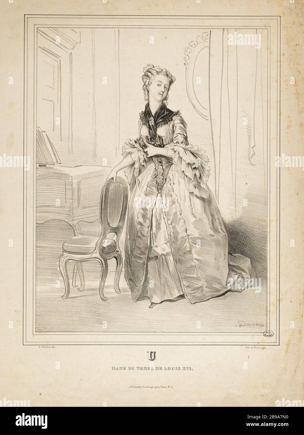 Alphabet varié: Lettre U - Dame de l'époque de Louis XVI Achille Devéria (1800-1857) et Antoine Adolphe Catherine Fonrouge (1828-1855). Alphabet variable : lettre U - Dame du temps de Louis XVI Lithographie. Paris, musée Carnavalet. Banque D'Images