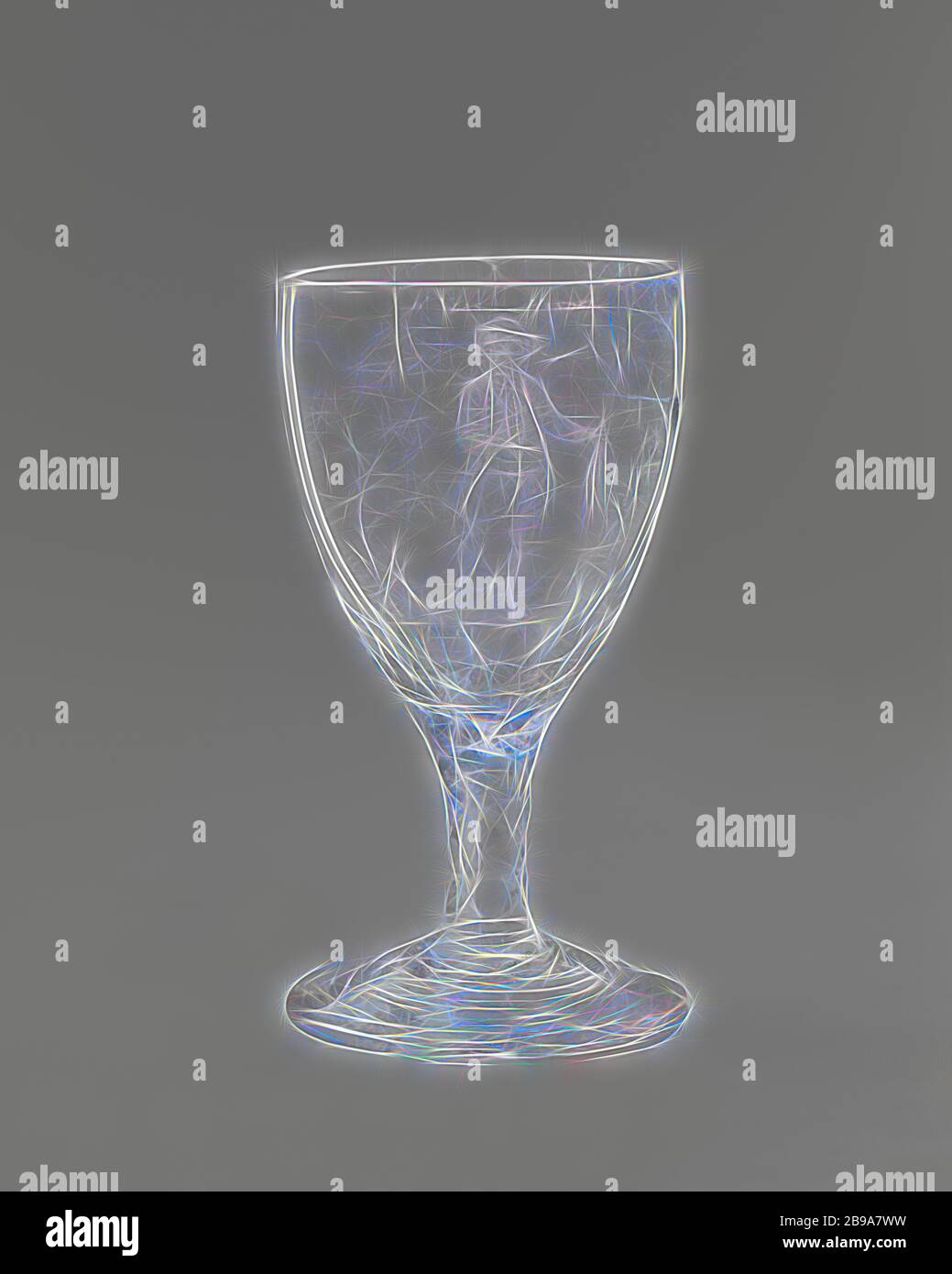 Verre à vin avec une scène du commerce du lin Chalice avec une représentation du commerce du lin, pied conique. Élargissement, tronc de facette, devenant un calice courbé. Sur le calice, dans un paysage avec des arbres, le Vlashandel est présenté par un fermier de Zélande avec un faisceau de lin dans sa main gauche. À droite de l'homme est un outil pour le traitement du lin et une balle de lin. Au-dessus de l'affiche le texte: D'VLAS-HANDEL .. Signé juste en dessous du spectacle: L. Adams // fecit, lin (industrie textile, matériel), anonyme, c. 1775 - c. 1800, verre, soufflage de verre, h 14.8 cm × d 8.3 cm, repensé par Gibon, conception de c chaud Banque D'Images