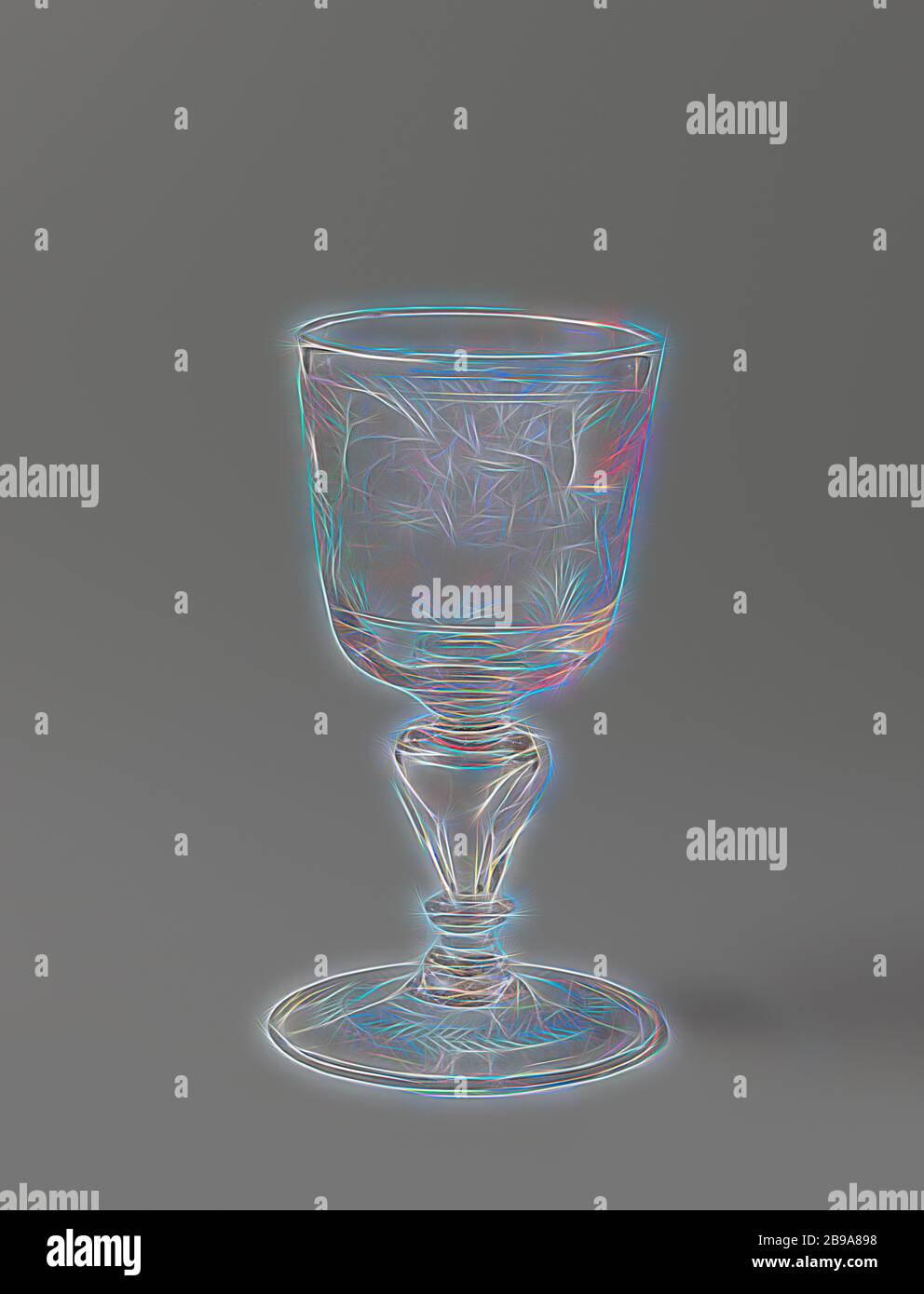 Tasse avec deux cavaliers doués, cuvette avec pied conique et tige de baluster creuse avec disques. Sur le calice, une représentation gravée de deux cavaliers doués de pistolets., anonyme, Bohême (éventuellement), c. 1700 - c. 1725, verre, soufflage de verre, h 20.3 cm × d 11.3 cm, repensé par Gibon, conception de lumière chaleureuse et gaie, rayonnant de luminosité et de lumière rayonnante. L'art classique réinventé avec une touche moderne. Photographie inspirée par le futurisme, embrassant l'énergie dynamique de la technologie moderne, le mouvement, la vitesse et révolutionnez la culture. Banque D'Images