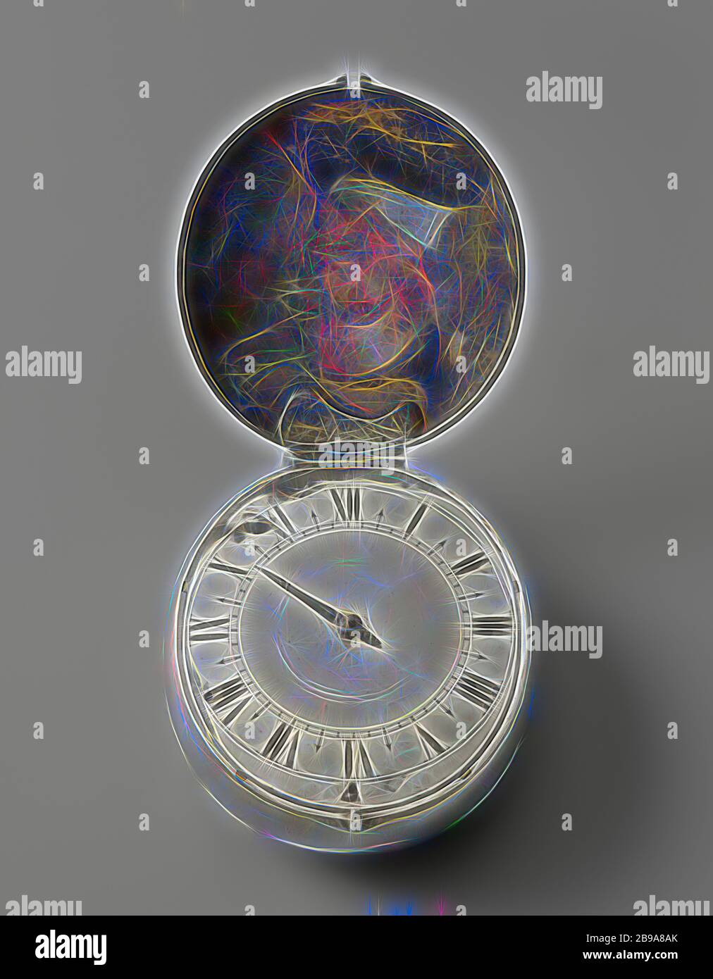 Voyageant watch, montre de voyage en argent. L'ovale étui d'argent n'a pas de verre, de sorte que vous devez ouvrir le couvercle pour voir le cadran argent, avec seulement une heure de la main. La montre a un barillet relié par une chaîne à un serpent fixé sur la première roue. La force est transférée par trois roues pour la dernière roue, le soi-disant roue d'échappement, qui convertit le mouvement de rotation des roues dans le mouvement alternatif de l'équilibre. Ici l'échappement est l'exécuter fusée, dans lequel la roue d'échappement pousse alternativement deux projections sur l'équilibre de l'axe dans l'autre directi Banque D'Images