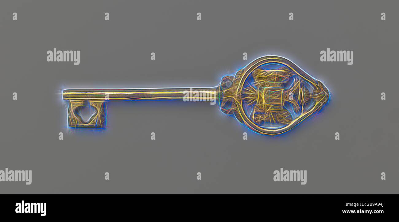 La clé de Chamberlain, dont la poignée porte le blason autrichien, un aigle à double tête et couronné avec une épée et une pomme. L'aigle a une croix Maltheser sur la poitrine et un bouclier avec les lettres F.I. La barbe a une ouverture en forme de trèfle., c. 1800 - c. 1900, cuivre (métal), dorure, l 18.1 cm × l 5.4 cm, repensé par Gibon, conception de chaleureux gai lumineux et rayonnant de lumière. L'art classique réinventé avec une touche moderne. Photographie inspirée par le futurisme, embrassant l'énergie dynamique de la technologie moderne, le mouvement, la vitesse et révolutionnez la culture. Banque D'Images