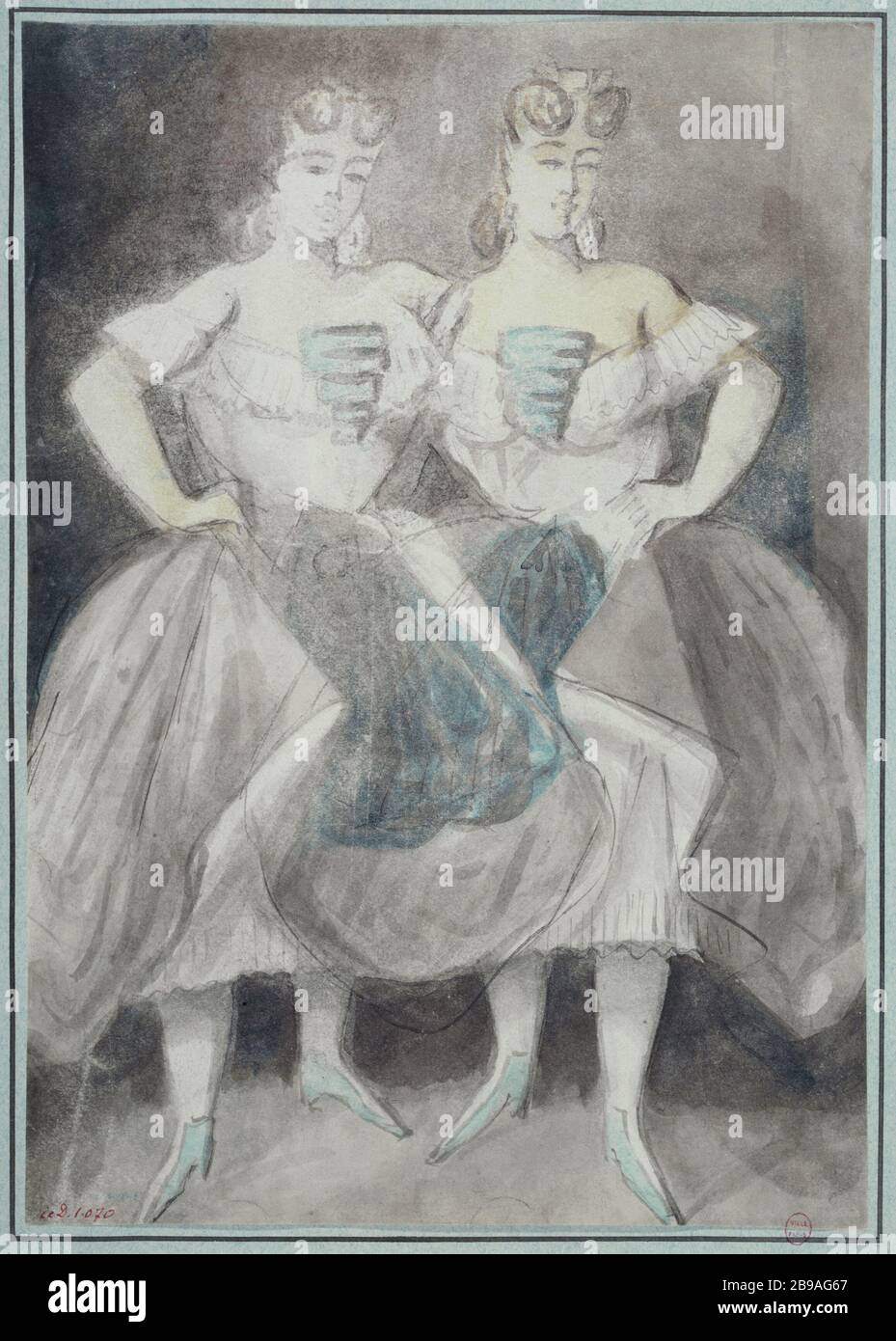 Etude des femmes longueur, coupe robe Constantin Ernest Adolphe Hyacinthe gars (1802-1892), dessinateur et peintre English. Etude de femmes en pied, robe de soirée. Panache, lavis gris et bleu. Paris, musée Carnavalet. Banque D'Images