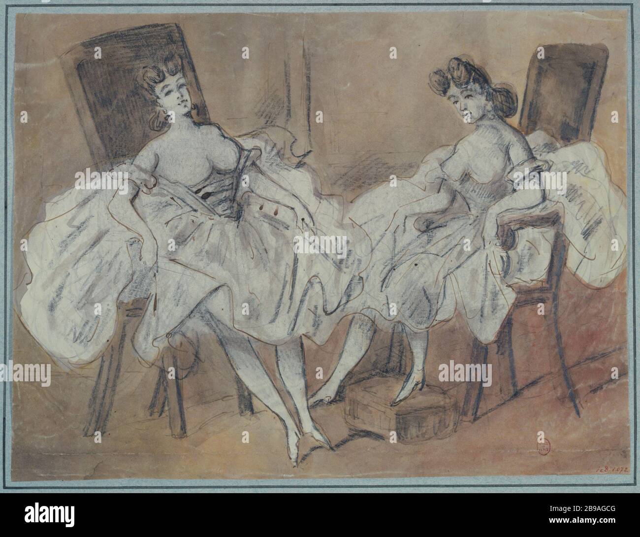Maison d'étude publique; deux femmes assises dans une chaise. Constantin Ernest Adolphe Hyacinthe Guys (1802-1892), dessinateur et peintre français. Etude de maison publique ; deux femmes assises dans un service. Panache, crayon, lavis gris et rose. Paris, musée Carnavalet. Banque D'Images