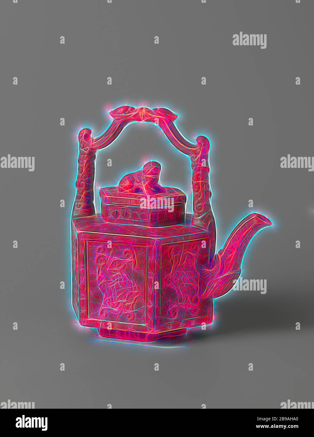 Théière en poterie rouge, théière hexagonale en poterie rouge. Le pot est doté d'un bec hexagonal, d'un couvercle hexagonal et d'une poignée fixe. Les côtés du pot sont en relief avec des dragons chinois. Le couvercle est doté d'un bouton en forme de lion. La poignée se termine par deux têtes d'animaux qui se cognent l'une contre l'autre. L'origine du bec est une tête de poisson. Le pot est marqué., anonyme, Tsjechie, c. 1830 - c. 1880, faïence, h 22.4 cm l 22.0 cm × d 13.6 cm, revisitée par Gibon, design chaleureux et gai lumineux, rayonnant de lumière et de radiance. L'art classique réinventé avec une touche moderne. Photographie inspirée par f Banque D'Images
