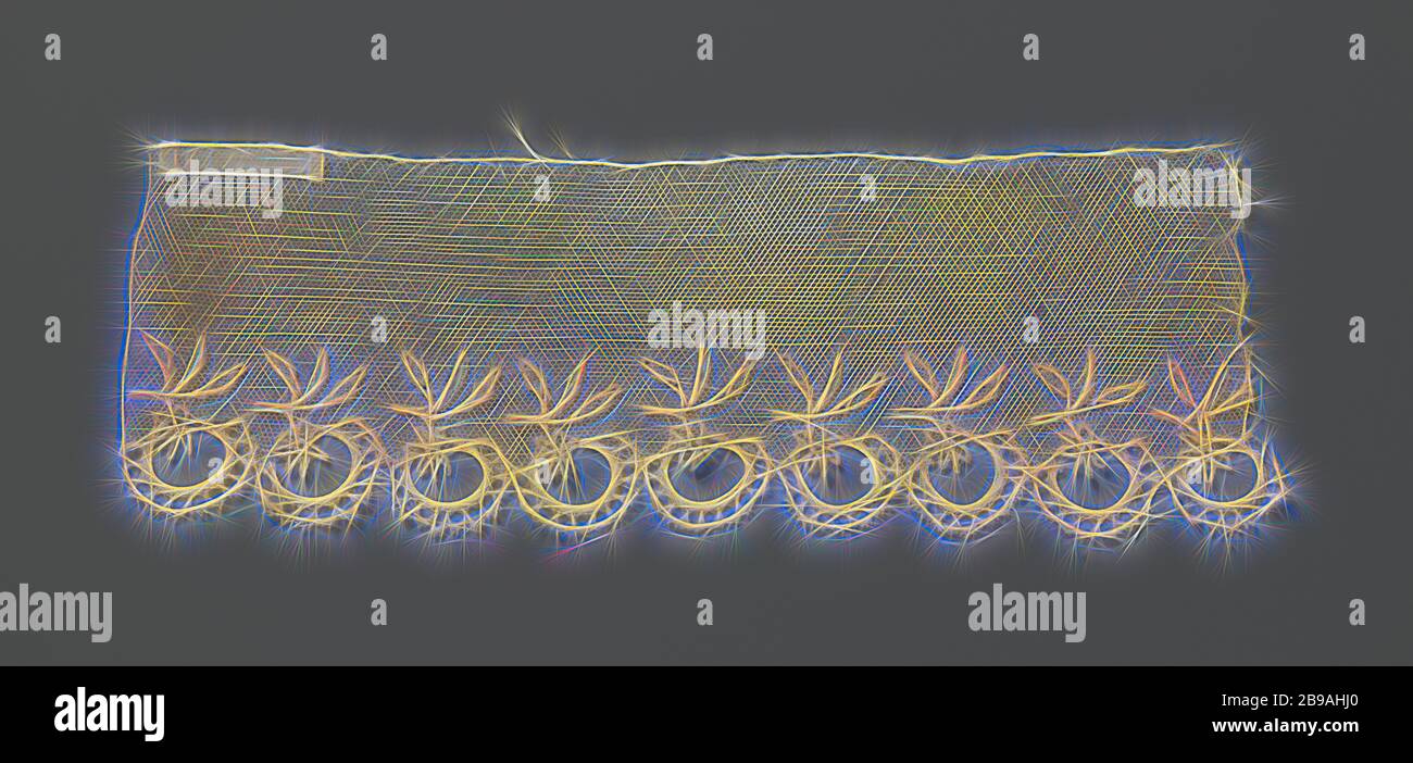 Application de la bande de côté avec fleurs suspendues le long du bord inférieur, Bande de couleur naturel côté demande : la dentelle fantaisie fantaisie sur la machine passe-câble. Une rangée de fleurs uniformes, contiguë de la pende maille hexagonale sol et forme ainsi le bord inférieur. Les tiges avec les feuilles sont attachées à la tulle, tout comme le coeur en forme de rosette de la fleur. Le châssis de la fleur coeur consiste en une forme de cercle, avec des arcs peint. Les cadres dépendent en grande partie de la tulle. Le top est terminé avec un bord droit., anonyme, Bruxelles, ch. 1825 - c. 1849, le coton (t Banque D'Images