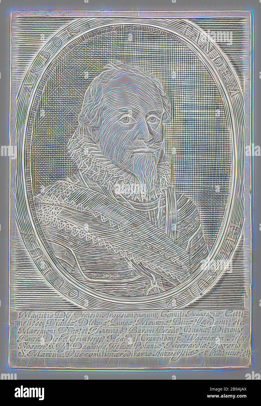 Portrait du prince Maurice de Nassau, portrait gravé en argent par le prince Maurice de Nassau, prince d'Orange, Stadtholder. Avec une inscription autour de lui : MANDRIN SURCULUS À MONTAGE EN TANDEM. Y compris les titres en latin. Maurits (Prince of Orange), anonyme, pays-Bas, c. 1625 - c. 1675, argent (métal), h 6.7 cm × l 4.6 cm, repensé par Gibon, conception de lumière chaleureuse et gaie, rayonnant de lumière et de rayonnement. L'art classique réinventé avec une touche moderne. Photographie inspirée par le futurisme, embrassant l'énergie dynamique de la technologie moderne, le mouvement, la vitesse et révolutionnez la culture. Banque D'Images