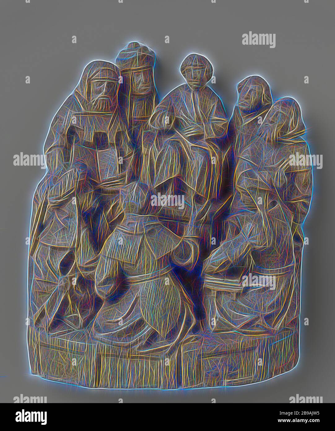 Jésus parmi les scribes, Jésus, comme un garçon, est assis sur une plate-forme entourée par les auditeurs. Deux personnes de chaque côté et trois personnes sur un banc légèrement plus faible en face de lui. Jésus tient la main gauche en face de la taille et le bras droit tordu et légèrement vers l'avant. Quelques auditeurs geste avec leurs mains, deux autres détiennent un livre ouvert sur leurs genoux. Le Christ porte une tunique, les Pharisiens sont vêtus de robes différentes et avec une casquette, turban ou hat. La bnk, sur laquelle les trois sièges avant sont assis, a panneaux creux. L'homme cagoulé, à l'extrême droite, peut représenter Joseph, Christ's différend avec le médecin Banque D'Images