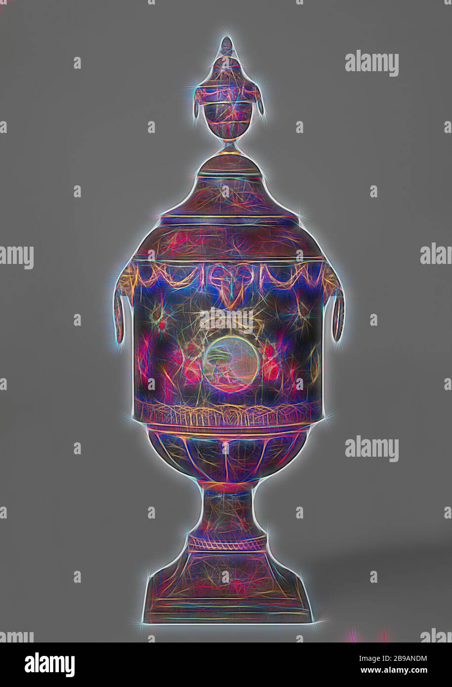 Couvercle de seau à thé laqué décoré de fleurs, le couvercle en étain tombe juste sur le bord du seau et devient plus étroit vers le haut, d'abord convexe, puis concave. Un vase a été placé sur le couvercle comme un bourgeon, qui ressemble à une version plus petite du seau à thé., anonyme, pays-Bas, c. 1775 - c. 1850, peinture (revêtement), h 35 cm × d 29 cm, repensé par Gibon, conception de lumière chaleureuse et gaie, rayonnant de lumière et de rayonnement. L'art classique réinventé avec une touche moderne. Photographie inspirée par le futurisme, embrassant l'énergie dynamique de la technologie moderne, du mouvement, de la vitesse et de la révolution Banque D'Images
