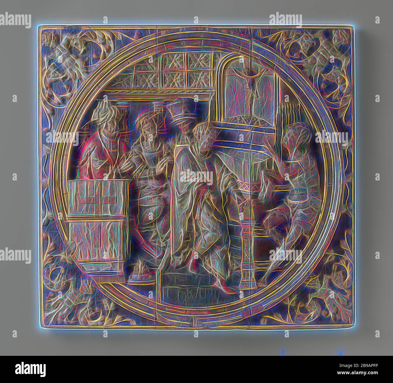 La messe de Saint Clément, la représentation est enchâssée dans un cadre rond et fait partie d'un panneau carré, dont chaque coin est rempli d'un putto décoratif, qui les deux mains sur un motif de fleur. Tête d'animal résultant. Au niveau des deux putti supérieurs, une bande fendue relie le corps inférieur à un ornement de feuilles, Gouda, anonyme, Holland, c. 1535 - c. 1540, chêne (bois), h 63 cm × l 65 cm × d 6.5 cm, repensé par Gibon, design chaleureux et gai lumineux de la luminosité et de rayons de lumière radiance. L'art classique réinventé avec une touche moderne. Photographie inspirée par le futurisme, embrassant l'énergie dynamique de la technologie moderne, Banque D'Images