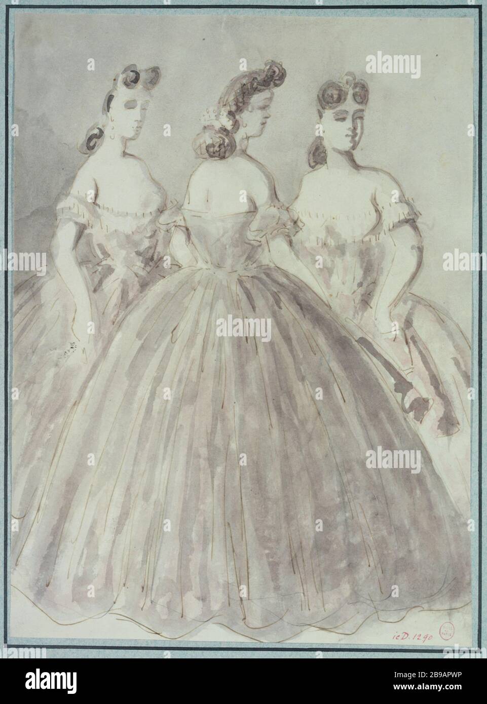 Etude des femmes longueur, robes de soirée et coupe basse Constantin Ernest Adolphe Hyacinthe gars (1802-1892), dessinateur et pître English. Etude de femmes en pied, en peignoirs de soirée et de collage. Panache, encre brune, lavis gris et rose. Paris, musée Carnavalet. Banque D'Images