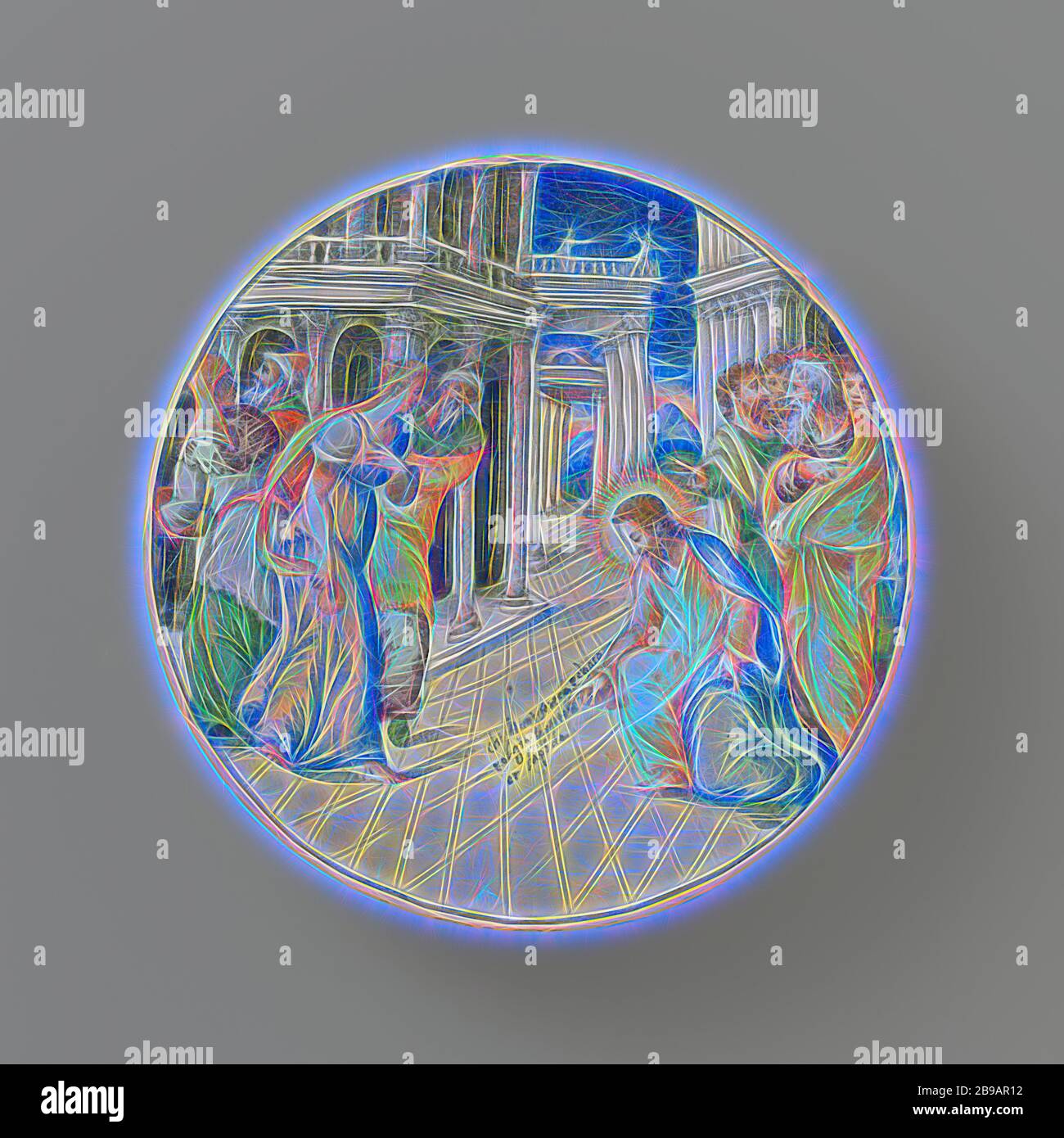 Avec le Christ et la femme adultère dans Tâches lave avec Jésus et la femme adultère, plat rond de majoliques multicolores. Sur la soucoupe une représentation du Christ avec la femme adultère. Le Christ est à genoux entre les maisons peintes avec des colonnes sur la droite au premier plan et écrit avec la main droite sur le sol : chi di voi senca p chato // tolgia la pietra // et lapida. Il y a quatre disciples derrière le Christ. Sur la gauche au premier plan est une femme et trois pharisiens. Sur l'arrière du plat le texte est peint : i farisei armati di // malicia prentorno // una presa dans allduterio e Banque D'Images