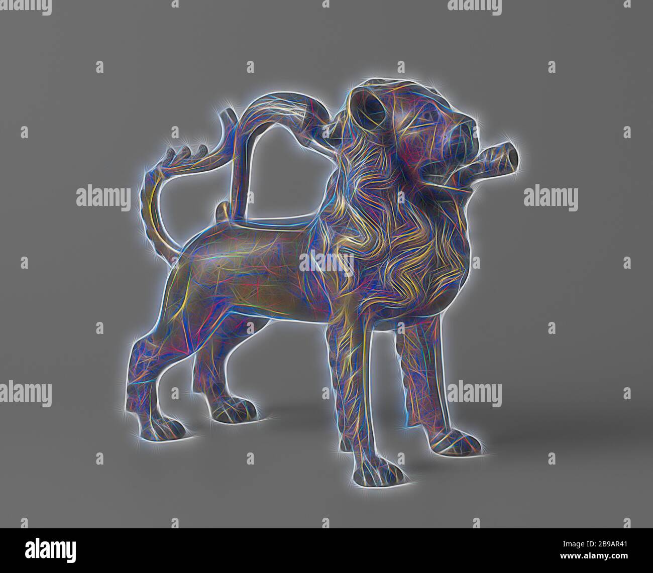 Aquamanile en forme de lion Aquamanile en forme de lion Lion-aquamanile, l'objet moulé dans la technique de cire perdue et largement décoré de la forme d'un lion avec un dragon comme sa poignée. Les détails sont tendus (la crinière, les verrous sur les jambes, la queue du lion), gravé (Les Ailes du dragon) ou perforé (la moustache du lion, le dos et la queue du dragon). Le dragon est connecté à la tête, le dos et la queue du lion. Le lion à l'avant a une tête d'animal dans sa bouche, qui agit comme un bec. Un morceau plus ou moins rectangulaire a été sciées en th Banque D'Images