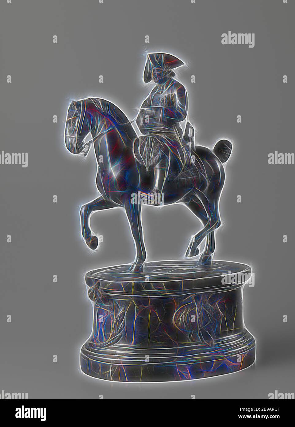 Statuette de Frédéric le Grand, roi de Prusse Statue de Frédéric le Grand, roi de Prusse, le roi (1712-1786) se trouve sur une étape-par-étape cheval qui a levé la patte avant droite et la patte arrière gauche pendant un moment la lumière au sol, la tête est légèrement tourné vers la droite. Il est titulaire de la carte blanche d'une main, tandis que l'autre repose sur le côté. Il porte un uniforme composé d'une veste avec un jabot, des gants et des bottes, sur la tête une perruque, et sur la veste, place l'ordre de l'Aigle noir, une ceinture autour de la taille, un sabre et une épée sur la gauche. La selle, avec des pistolets rider sur les deux côtés en holst Banque D'Images