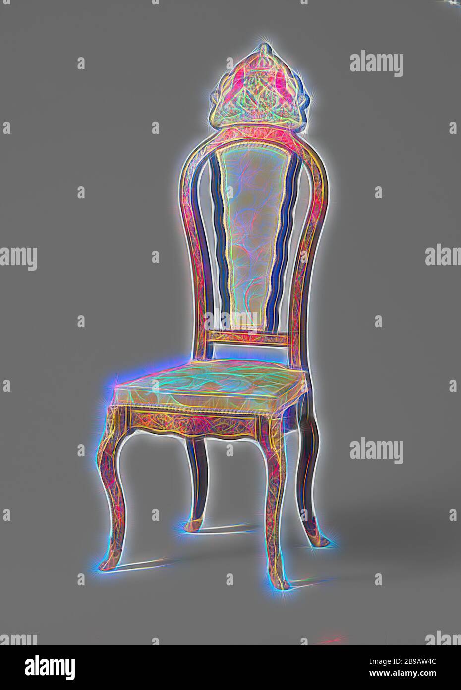 Chaise en placage ébène avec marqueterie Boulle, chaise avec marqueterie Boulle en placage ébène. Avec arme hollandaise sur le capot. Sur l'étiquette de chaise du Palais Noordeinde. Estampillé : Caillad., anonyme, France, 1800 - 1900, ébène (bois), laiton (alliage), bronze (métal), bois (matériel végétal), matières textiles, dorure, h 133.5 cm × l 51 cm × p 46 cm h 49 cm × l 44 cm × p 39 cm, réimaginé par Gibon, design chaleureux et joyeux, lumineux et radiance des rayons lumineux. L'art classique réinventé avec une touche moderne. Photographie inspirée par le futurisme, embrassant l'énergie dynamique de la technologie moderne, movemen Banque D'Images