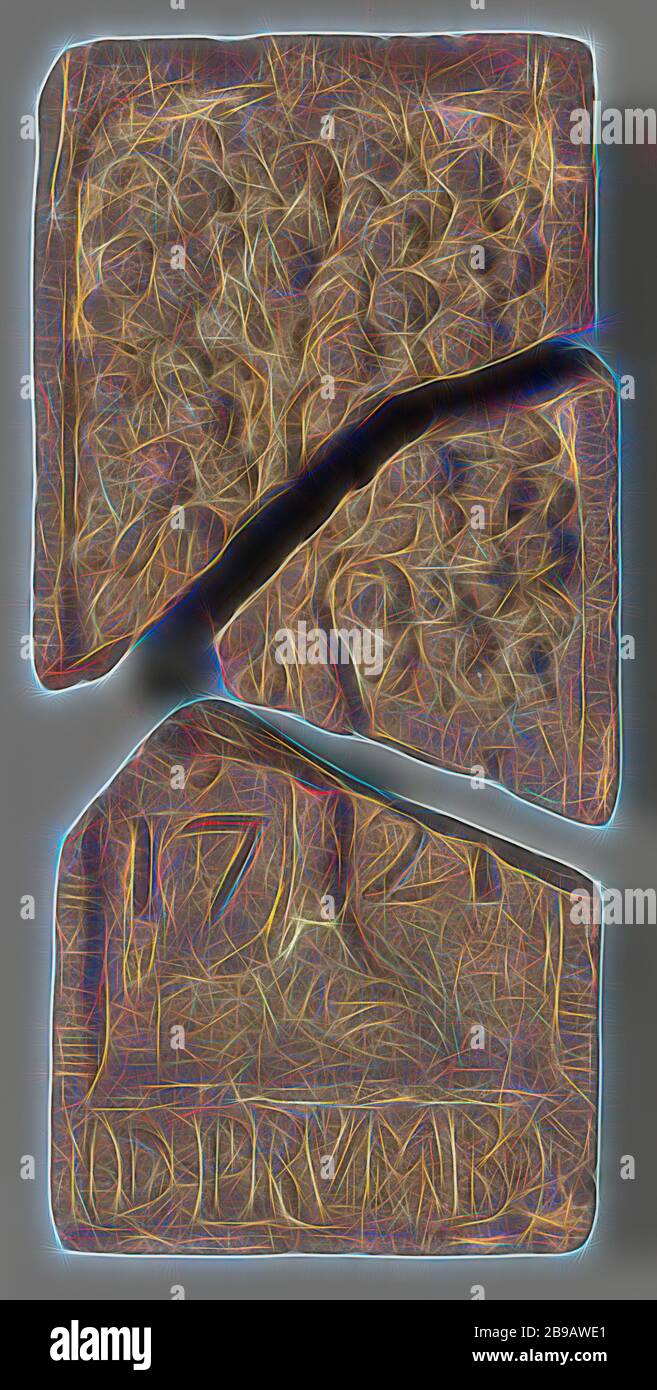 Face à la brique avec arbre et inscription: D.PRVMBOM, rectangle debout avec un arbre avec des fruits (prunes). À gauche du tronc 17, à droite du tronc 21 et de l'ID de légende PRVMBOM. La brique de face est brisée en trois morceaux., pays-Bas (éventuellement), 1721, h 27 cm × l 31 cm × p 8 cm h 27 cm × l 25.4 cm × p 8 cm h 21 cm × l 23.5 cm × p 10.9 cm l 26.5 cm × p 11 cm × p 23 kg, réimaginé par Gibon, design chaleureux et joyeux, lumineux et radiance des rayons lumineux. L'art classique réinventé avec une touche moderne. Photographie inspirée par le futurisme, embrassant l'énergie dynamique de la technologie moderne, le mouvement, s Banque D'Images