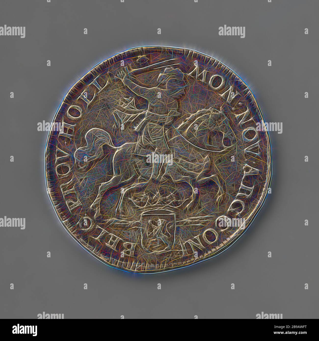 Dutch Silver rider, 1672 Holland, Silver rider, 1672, Obverse : chevalier à cheval à droite avec épée à droite. Armoiries de Hollande à couronne de cheval. Inverse : couche de généralité des bras détenus par deux lions couronnés. En dessous de cela dans la cartouche d'Amsterdam blason. Au-dessus de la couronne en année circulaire., Provincie Hollande, Amsterdam, argent (métal), frappant (travail du métal), d 4.5, × W 32.64, repensé par Gibon, conception de chaleureux gai brillant de luminosité et de rayons de lumière radiance. L'art classique réinventé avec une touche moderne. Photographie inspirée par le futurisme, embrassant l'énergie dynamique du technolo moderne Banque D'Images