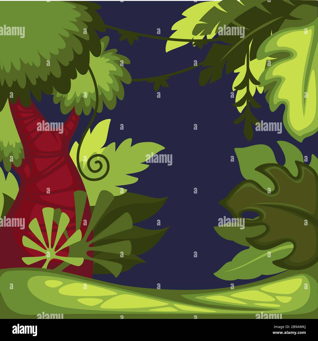 Forêt tropicale ou jungle tropicale, lians et buissons, ciel nocturne Illustration de Vecteur