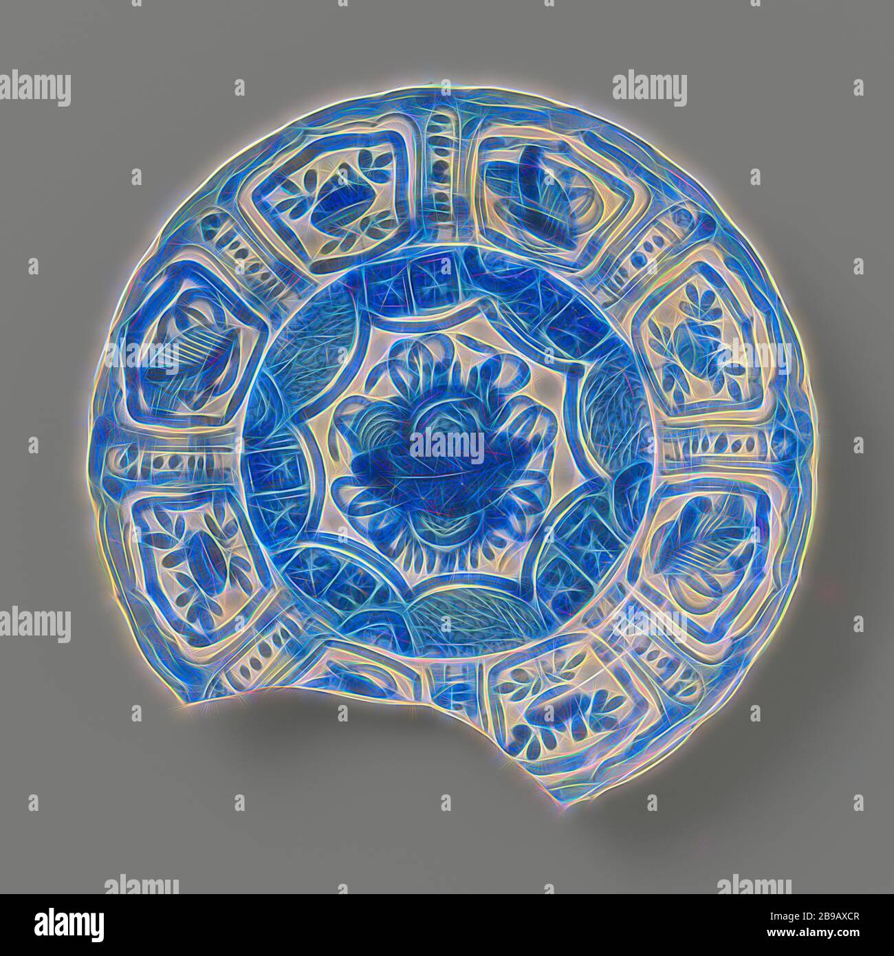 Plaque de porcelaine Kraak de l'ODC-navire le 'Witte Leeuw', Chine, avant 1613, Ming-Dynasty (1368-1644) / Wanli-période (1573-1619), porcelaine, porcelaine osseuse, glaçure, cobalt (minéral), vitrification, h 3.1 cm × d 21.9 cm, repensé par Gibon, conception de rayons lumineux chaleureux et joyeux. L'art classique réinventé avec une touche moderne. Photographie inspirée par le futurisme, embrassant l'énergie dynamique de la technologie moderne, le mouvement, la vitesse et révolutionnez la culture. Banque D'Images