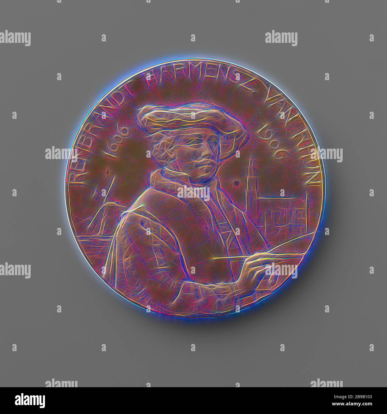 Troisième centenaire de la naissance de Rembrandt, Médaille de bronze. Contre : buste d'un homme avec une moustache. Il porte un béret et un manteau ouvert. Il tient une brosse dans sa main droite. Gauche de l'homme : moulin, et droite : eglise (Westerkerk). Sur le dessus: La circonscription et la datation. Inverse : central : palette avec inscription. Derrière une palette de branches, y compris des feuilles de chêne. Description. A la médaille une boîte en carton beige originale, Westerkerk, Leiden, Rembrandt van Rijn, Georg Sturm, Utrecht, 1906, Penning, frappant (travail des métaux), d 5.9 cm × t 0.5 cm × l 98.36 gr, réimaginé par Gibon, conception de la chaleur de la chaleur de la chaleur Banque D'Images