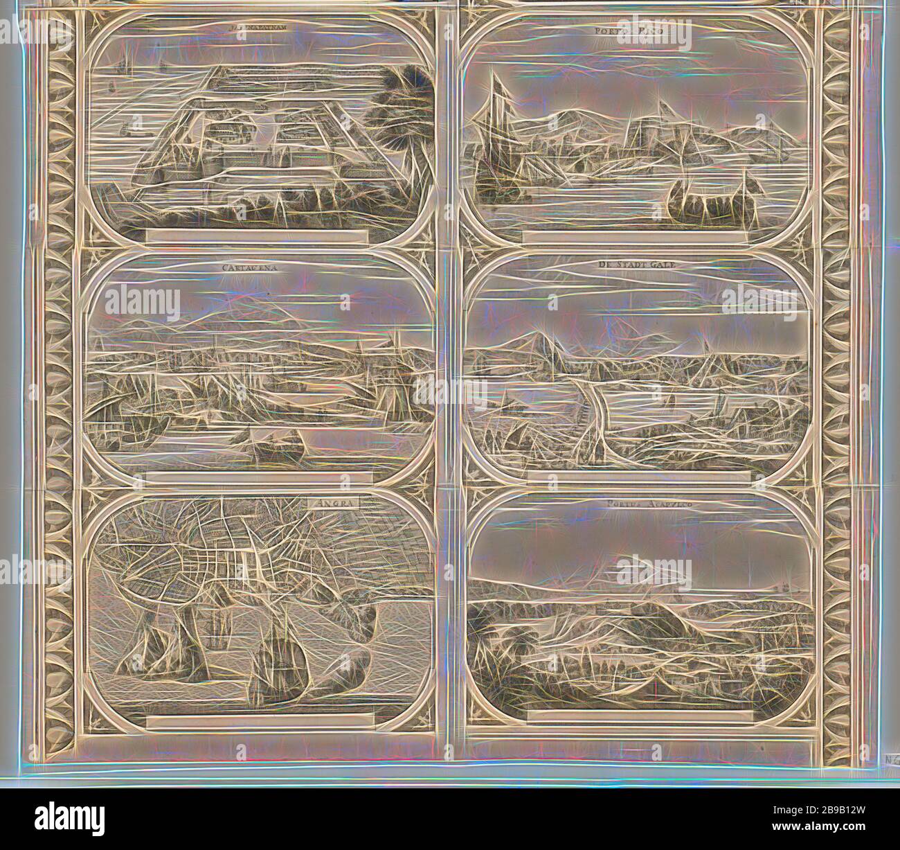 Jaffnapatnam / Cartagena / Angra / Porto Rico / de Stadt Gale / Portus Acapvlco (titre sur objet), feuille composée de six cartes ou vues distinctes de différentes villes collées ensemble: Jaffnapatnam, Cartagena, Angra dos Reis, Puerto Rico, Galle sur Ceylan et Acapulco. Figures de bord destinées à faire partie du cadre pour coller une carte d'un continent, cartes de villes, perspective de ville, panorama de ville, silhouette de ville, Jaffnapatnam, Galle, Acapulco, anonyme, Amsterdam, 1670 - 1672, papier, gravure, h 387 mm × l 438 mm, réimaginé par Gibon, design chaleureux et joyeux, lumineux et radianc Banque D'Images