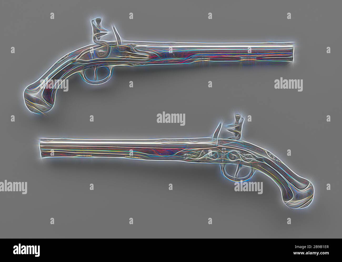 Pistolet à silex, partie d'un couple. La plaque de verrouillage est gravé d'un lion bondissant et une signature. Le canon est gravée et sculptés en relief avec, entre autres choses, une oie, une crête s'étend à travers le dessus, marqué sur le dos avec les bras d'Utrecht. Le ballon a été coupé avec, accolade. Les raccords sont composés de fer, une plaque, un pouce travaillé vis symétrique de la plaque boucle en forme de serpent sur chaque côté d'un masque, et une fiole avec un masque grotesque sur le fond avec un petit masque sur le menton, le stick de chargement a un chapeau de fer., Barend Penterman, Utrecht, 1710 - 1715, le fer (métal), coupé Banque D'Images
