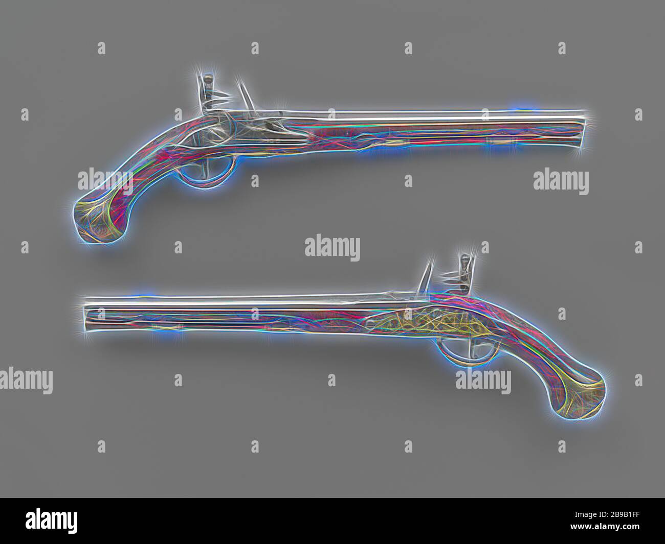 Paire de pistolets à silex pistolet à silex, la décoration de cette arme est de haute qualité. Partie d'un couple. La platine est gravée avec la feuille morte et une signature, une gorge fonctionne sur la plaque arrière, feux arrière à l'interne. bleui La culasse du canon est joint à partir de ci-dessous, une nervure s'exécute en plus, interrompu par des feuilles d'acanthe ciselées, gravé de la même signature que le verrouillage et l'hymne, chaque face du canon est estampillé en laiton avec une marque sous la forme d'un aigle bicéphale dans un bouclier, la même marque est sur le fond, le pare-soleil grain est d'airain. Le ballon est coupé avec, entre autres choses Banque D'Images