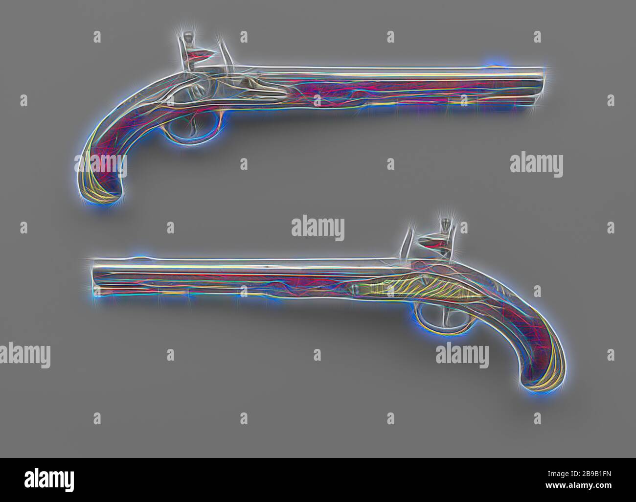 Pistolet à silex, partie d'un couple. Le verrou est en l'état à l'exception d'une signature, l'intérieur de la plaque d'arrêt est marqué d'un 3, contrairement à 164-A. La boucle a la caractéristique de la ville d'Amsterdam sur l'arrière gauche, une côte s'exécute au-dessus, le pare-soleil grain est d'airain. La fiole est incurvée et couper les boissons, y compris l'hotte tiroir est faite de corne de vache. Outre les deux manchons de biellette de chargement octogonal, le doré jaune précédemment, raccords en cuivre sont striées comme avec des épées et se composent de la garde de détente, la vis plate, le pouce et la plaque de la PAC, le stick de chargement a une corne de vache cap., Willem N Banque D'Images