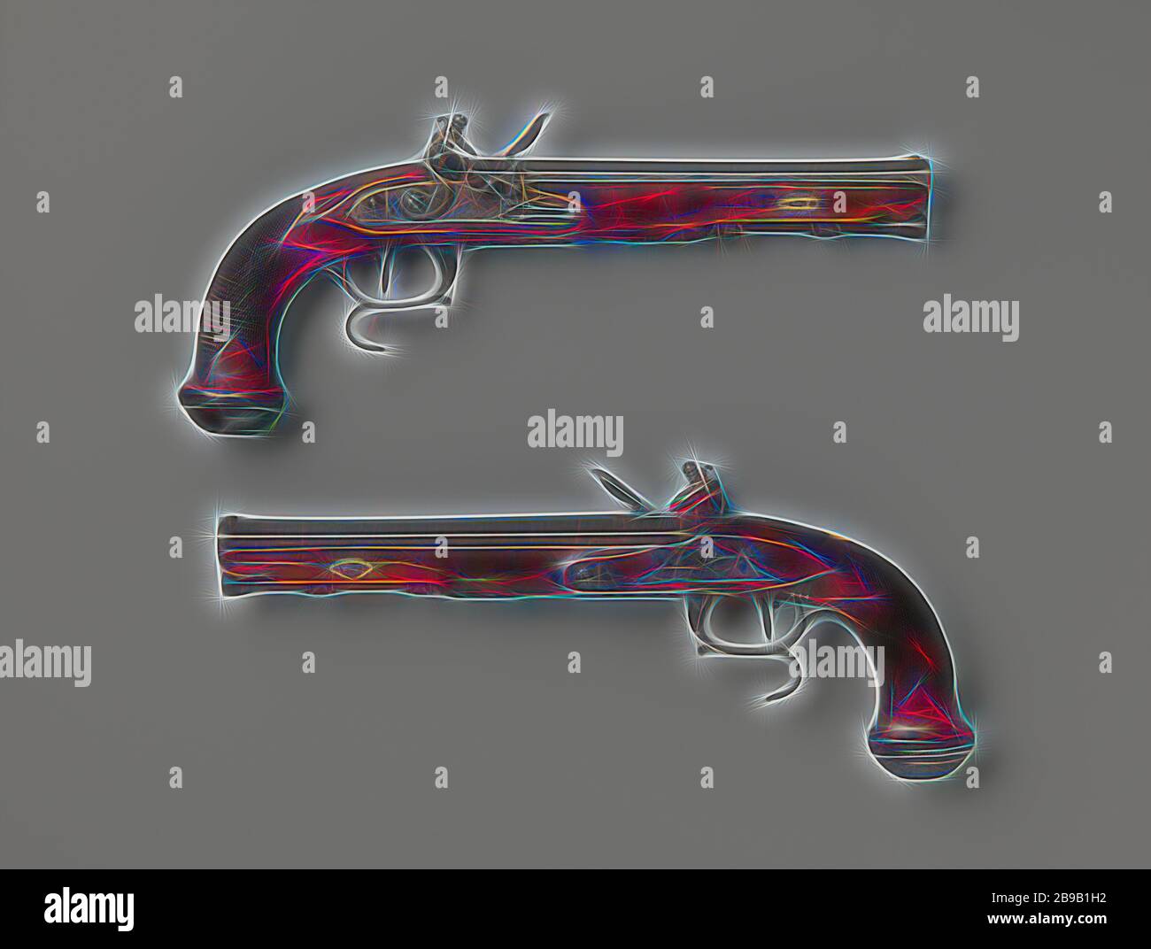 Pistolet à silex transformé en carabine, pistolet à silex transformé en arme à feu, dans le style empire, partie d'un couple. La serrure est gravé de la signature de l'auteur. La boucle de Damas et bleui est fourni avec un pare-soleil, grain d'argent d'un fer et d'un pare-soleil arrière tournant gate, marqué sur le dos avec un timbre et non identifiables sur le fond avec une étoile à six branches, un diamant avec un O, IIB ( ?), F et H. La fiole a une poignée incurvée qui se termine dans une fiole d'ébène, l'adhérence est cannelé en croix. Le raccord est en partie en argent, en partie de fer et se compose de deux manches de chargement de fer, d'une vis plaque dans la forme o Banque D'Images