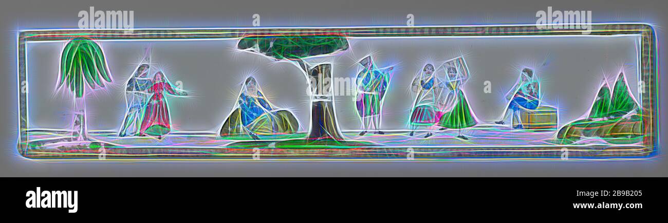 Magic Lantern Pictures, une lame de lanterne magique représentant un couple de marche, une femme au repos et deux musiciens avec des femmes dansantes., anonyme, 1800 - 1900, verre, peinture, W 30,7 cm × h 6,3 cm, repensé par Gibon, design de gaie chaleureuse de luminosité et de rayonnement de lumière. L'art classique réinventé avec une touche moderne. La photographie inspirée du futurisme, qui embrasse l'énergie dynamique de la technologie moderne, du mouvement, de la vitesse et révolutionne la culture. Banque D'Images