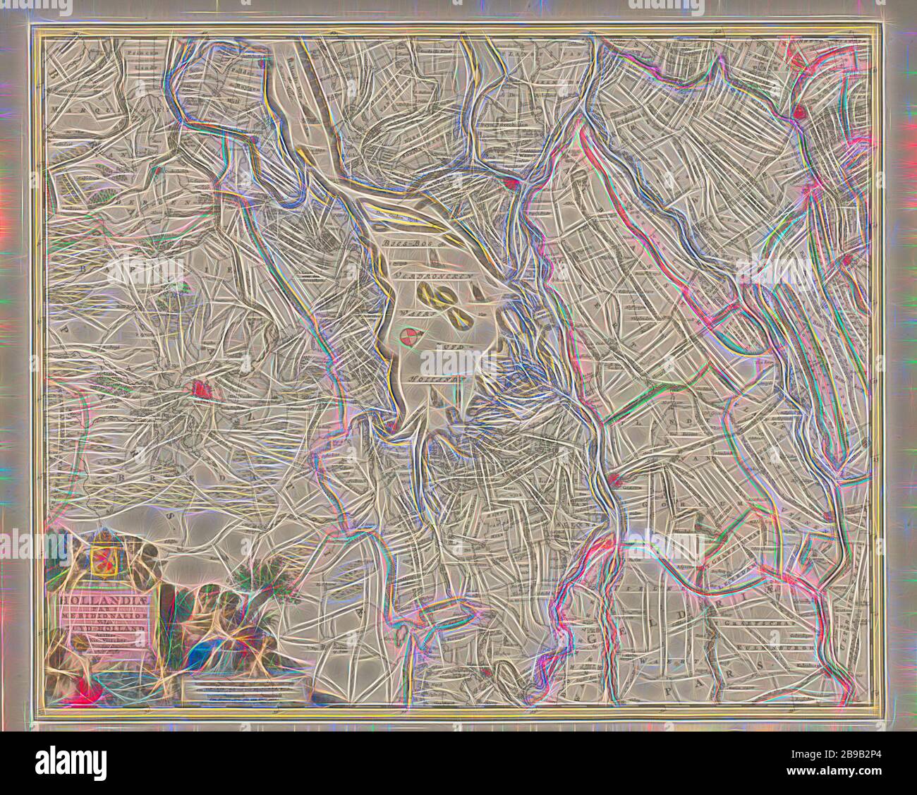 Carte de la rivière Biesbos en Hollande du Sud. Hollandiae pars méridionalior, Zuyd-Holland vulgo. Nicolaes Visscher (I), Amsterdam, 1680 - 1690, papier, aquarelle (peinture), gravure, h 464 mm × W 567 mm, repensée par Gibon, design de gai gai chaud de luminosité et de rayonnement de lumière. L'art classique réinventé avec une touche moderne. La photographie inspirée du futurisme, qui embrasse l'énergie dynamique de la technologie moderne, du mouvement, de la vitesse et révolutionne la culture. Banque D'Images