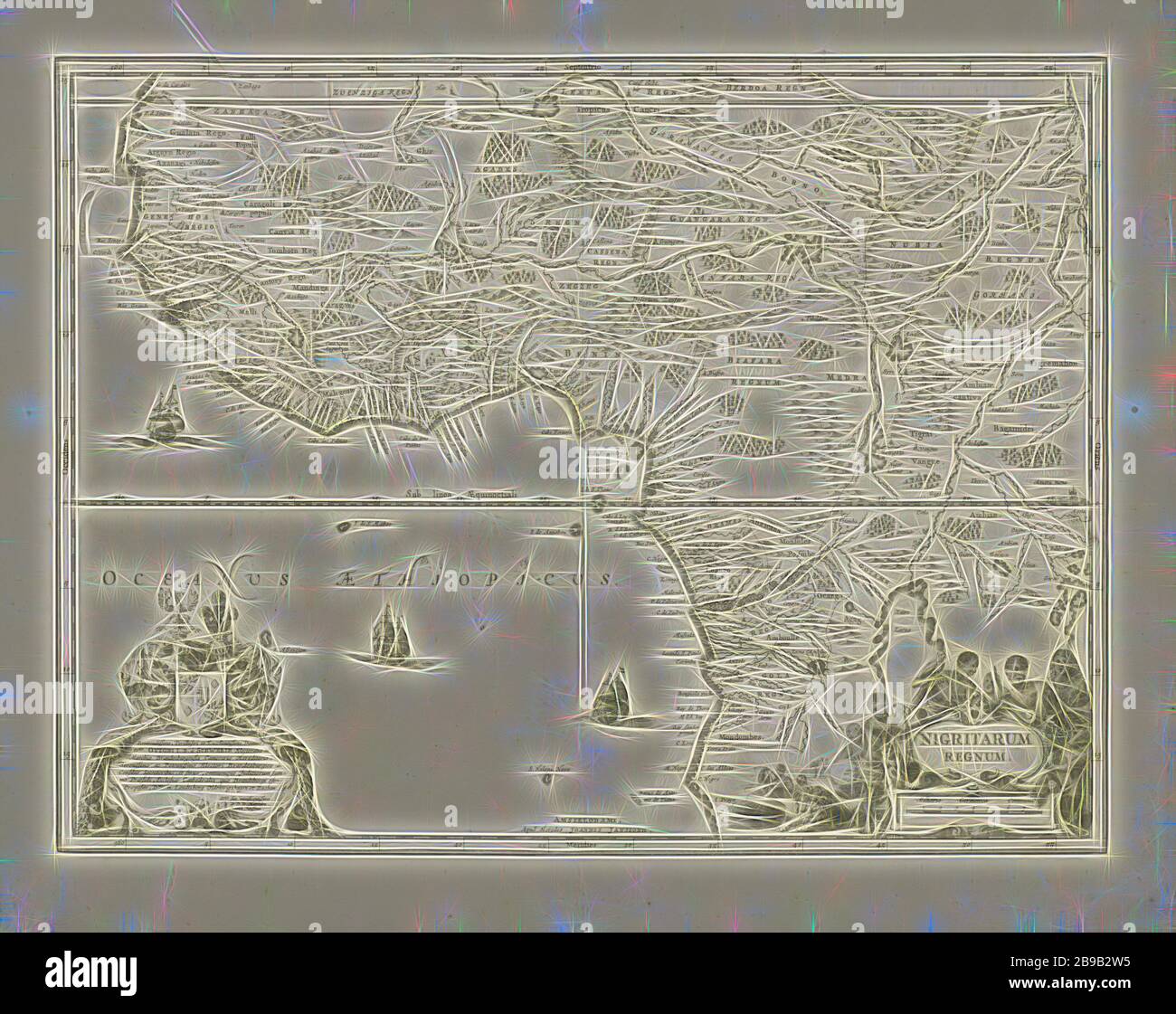 Carte de l'Afrique de l'Ouest, Nigritarum Regnum (titre sur objet), inscription r.o. entourée d'hommes, de femmes et d'enfants africains, d'animaux et de produits indigènes. Sous l'échelle d'inscription en miles allemands. L.O. assignation à Ottonius L. B. à Schwerin avec un panneau d'armes avec deux casques. 3 navires en mer et montagnes et arbres, cartes de pays ou régions séparés, Africains, Afrique de l'Ouest, Johannes Janssonius van Waesberge (I) (mentionné sur l'objet), Amsterdam, 1675 - 1700, papier, gravure, 428 h × W 565 mm, repensé par Gibon, conception d'un brillant chaleureux et joyeux de la luminosité et des rayons de lumière radiance. Classique Banque D'Images