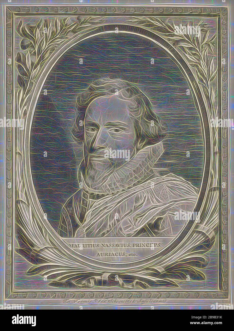 Portrait de Maurits, Prince of Orange Comités Nassoviae (titre de la série), Portrait de Maurits. Dans un cadre sont le nom et les titres. Entièrement dans un cadre ovale gravé individuellement avec branches et rubans, Maurits (Prince of Orange), Jonas Suyderhoef, 1688 - 1698, papier, gravure, h 398 mm × W 301 mm, réinventé par Gibon, design de gaie chaleureuse de luminosité et rayons de lumière radiance. L'art classique réinventé avec une touche moderne. La photographie inspirée du futurisme, qui embrasse l'énergie dynamique de la technologie moderne, du mouvement, de la vitesse et révolutionne la culture. Banque D'Images