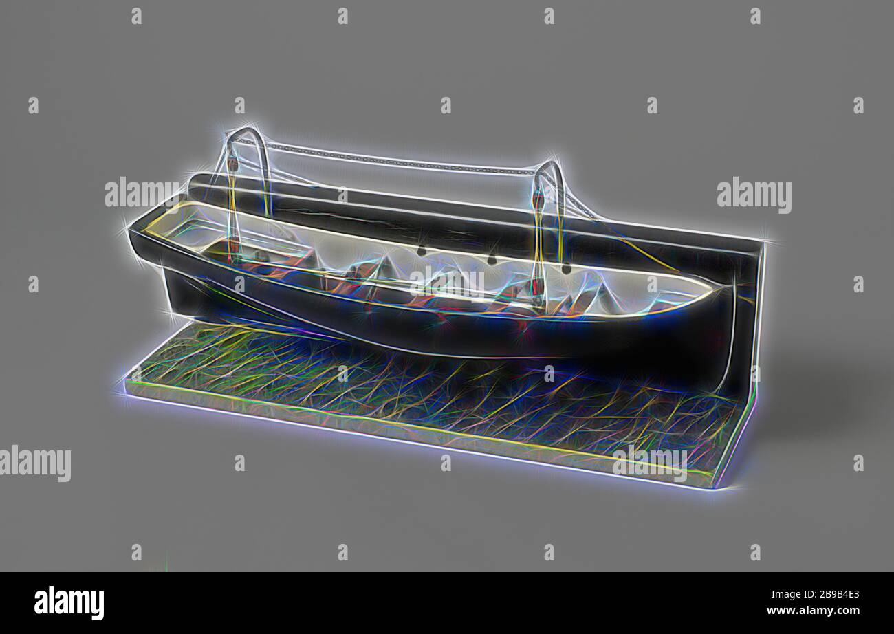 Modèle d'un canot de libération, modèle polychromé d'une partie d'un mur du navire avec un sloop sur deux avits clou, sur une plate-forme sur laquelle l'eau est simulée. Le modèle démontre le piège du sloop sloop, libérant deux crochets sur le palan du bossoir en supprimant une bague de retenue au milieu. Le mécanisme se ferme simultanément la consigne du trou dans le fond de la chaloupe avec une poignée dans la cabine. Le sloop est lisse avec un miroir plat, le simple passant à deux extrémités, il est pourvu d'une cabine ouverte, quatre émousse plus deux petits qu'appuyer le mécanisme, et des fissures dans les six côtés., C.A. van Haeften, Net Banque D'Images