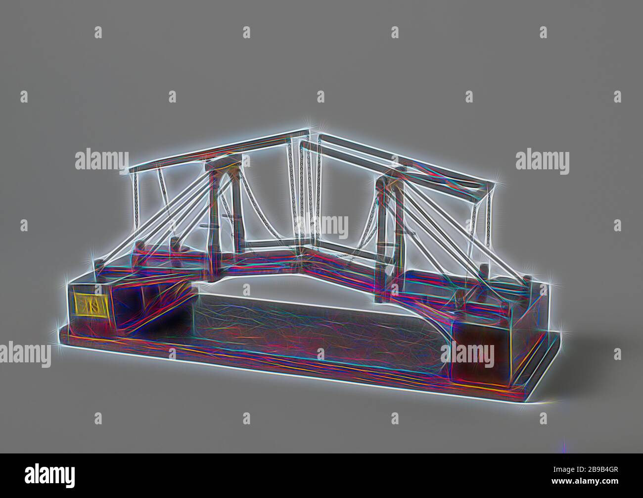 Modèle d'un pont de cordon, modèle d'un pont de traction sur un plancher. Le pont se compose de deux moitiés identiques, chacune avec le contrepoids sur un bras double au-dessus du pont., Rotterdam, Rijkswerf (Rotterdam), Rijkswerf Rotterdam (éventuellement), Rotterdam (éventuellement), ch. 1850, bois (matériau végétal), laiton (alliage), modèle : h 28,6 cm × l 62,2 cm × d 21,9 cm capsule d'emballage : h 32,5 cm × l 66,5 cm × d 26,5 cm, repensée par Gibon, conception de rayons de luminosité et de rayonnement de lumière gai. L'art classique réinventé avec une touche moderne. La photographie inspirée du futurisme, embrassant l'énergie dynamique de Mo Banque D'Images