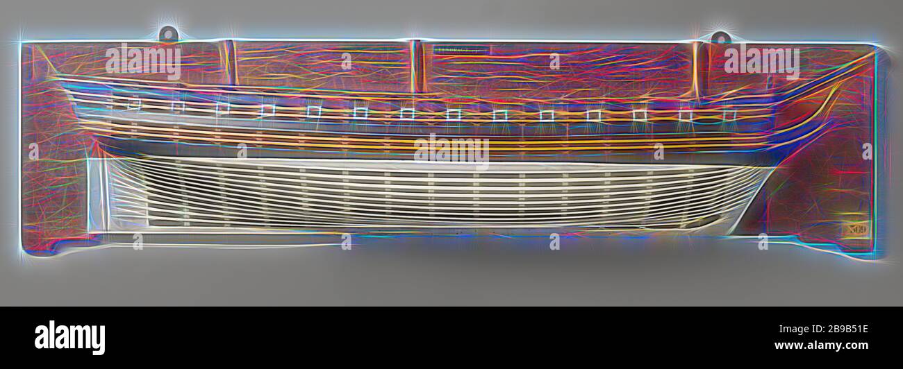 Demi-modèle ou une frégate de 44 canons, modèle de moule polychromé (tribord) d'un mât à trois mâts. Quatorze portes sur la plate-forme du canon, la plate-forme du godet et la demi plate-forme peuvent être distinguées par des cris. Miroir torsadé, wulf creux, pas de détails de clôture ou de galerie latérale, barre droite avec barre carrée. La pure monte légèrement aux deux extrémités, deux barkwoods et un deerwood. Trusses à pic. Echelle env. 1:44 (dérivée)., Eendragt (navire), anonyme, Pays-Bas, c. 1796, bois (matériel végétal), h 38,5 cm × W 142,8 cm × d 17,1 cm, réinventé par Gibon, design de brillant gai chaud de luminosité et de rayonnement de rayons lumineux. Banque D'Images