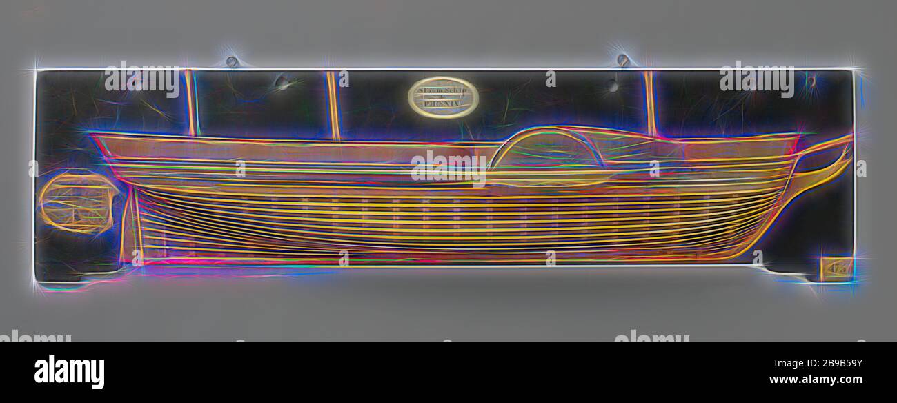 La moitié d'un modèle à aubes, modèle de moule (tribord) d'un trois-mâts à vapeur, recouvert au-dessus du bois. Porte elliptique sans détails, avec gouvernail gouvernail ronde (américain) de la gouverne de direction. La boîte de vitesses a fermé une forme exceptionnelle, plus qu'avant, arrière et est placé à une troisième longueur de la proue. Légère hausse devant et derrière, un bar en bois. Cale ronde. Le grand mât est plus en arrière que d'habitude, probablement à fournir l'espace pour les machines du navire dans la cale. 1:40 échelle (selon Obreen), Phoenix (navire), Rijkswerf Rotterdam, Rotterdam, c. 1834 - c. 1837, bois (matière végétale), b Banque D'Images